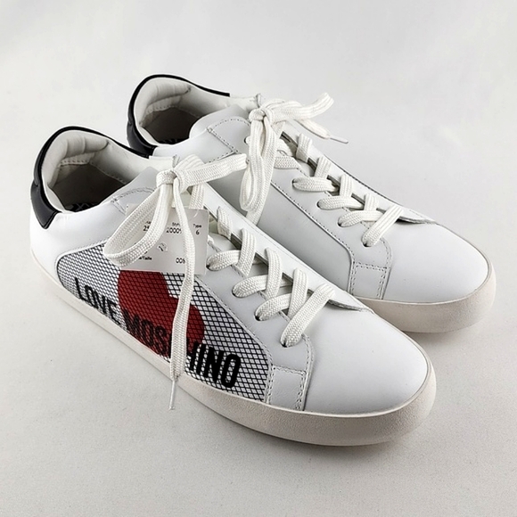 NWT Love Moschino Women's White Black Leather Low Top Sneakers Logo  Size 10/41 - Picture 4 of 16